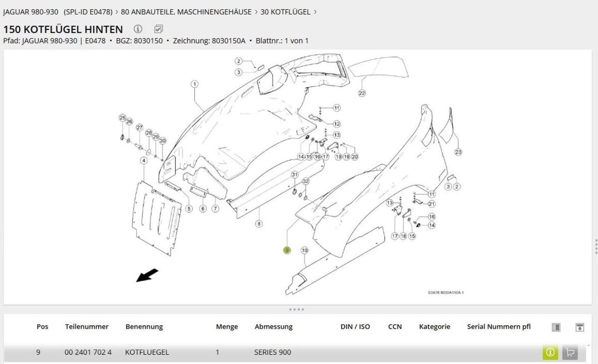 Claas Kotflügel hinten li. Jaguar 00 2401 702 4 2