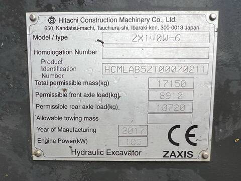 Hitachi ZX140W-6 - Excellent Condition / Low Hours